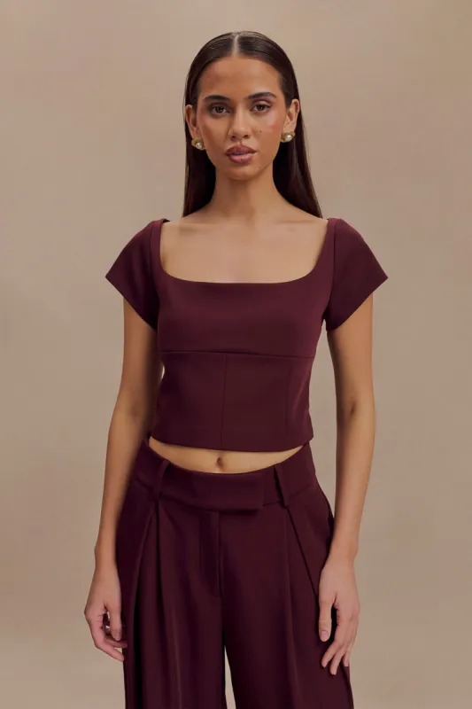 Ellis Cap Sleeve Longline Suiting Top - Mahogany sold by Meshki