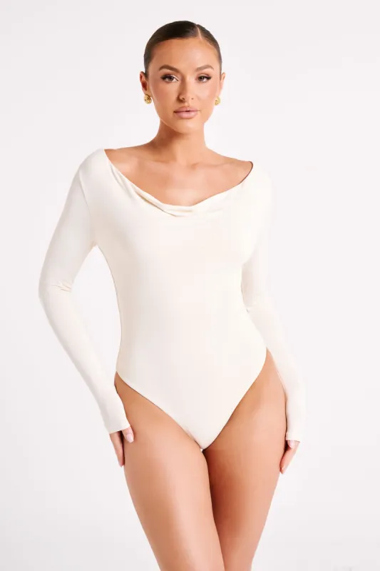 Eviana Recycled Nylon Draped Bodysuit - Sand sold by Meshki