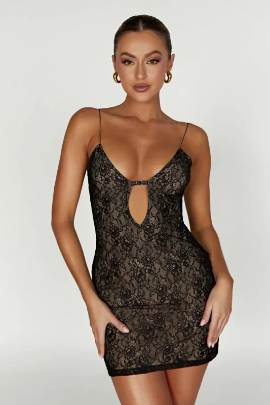 Juliet Lace Mini Dress - Black sold by Meshki