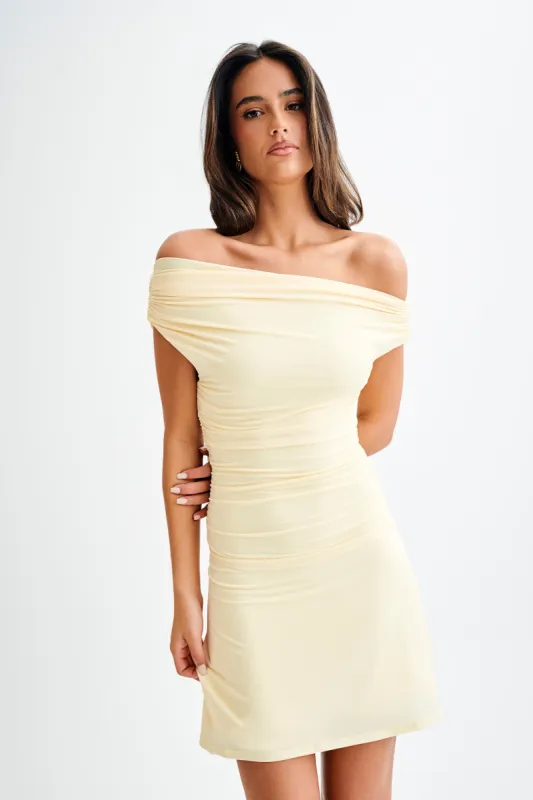Dakoda Slinky Off Shoulder Mini Dress - Lemon sold by Meshki