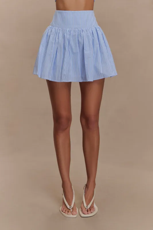 Gretel Hem Mini Skirt - Blue Pinstripe sold by Meshki