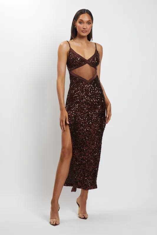 Amirah Mesh Cut Out Sequin Maxi Dress - Chocolate sold by Meshki