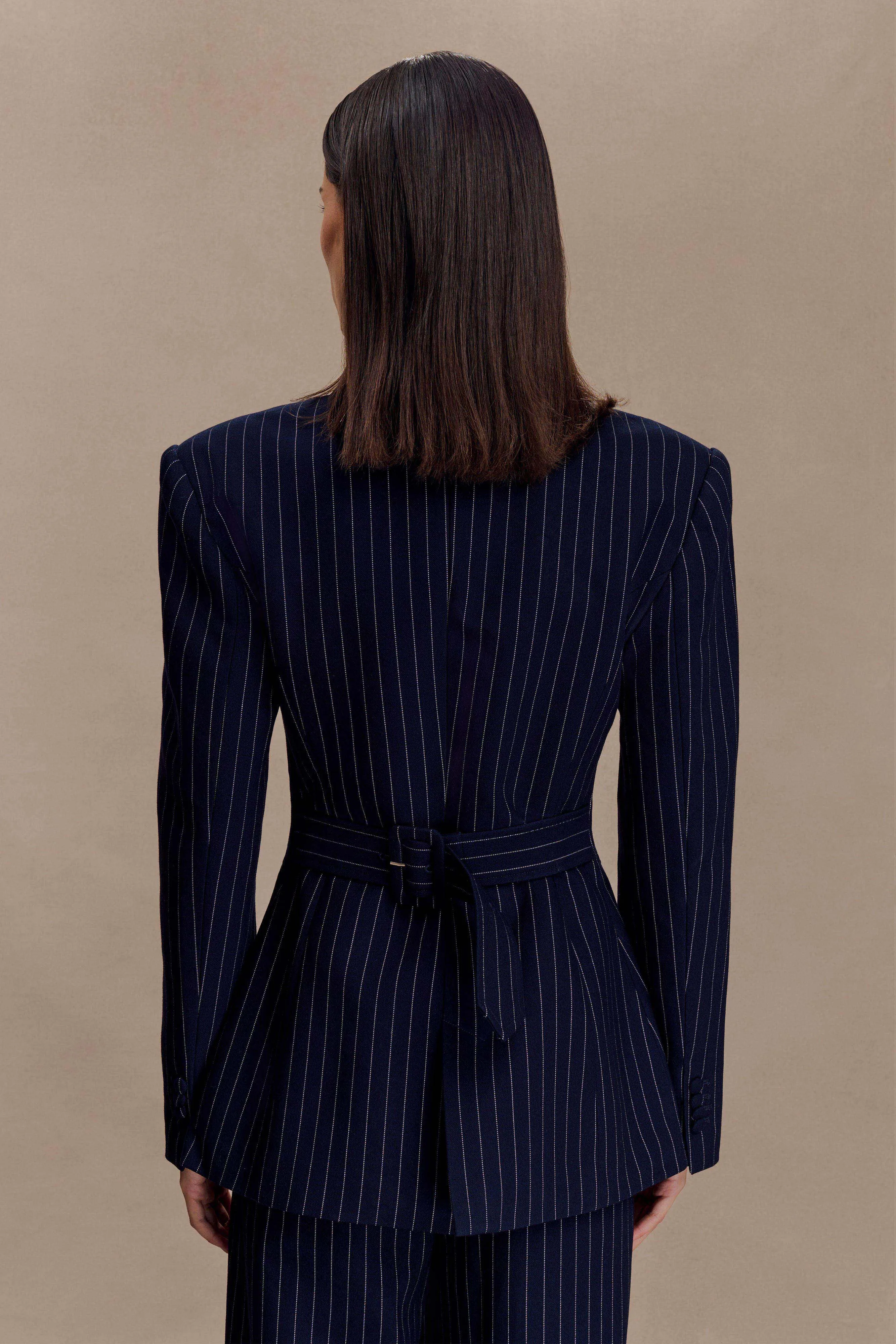 Bellamy Cinched Blazer - Navy Pinstripe sold by Meshki product image thumbnail 4