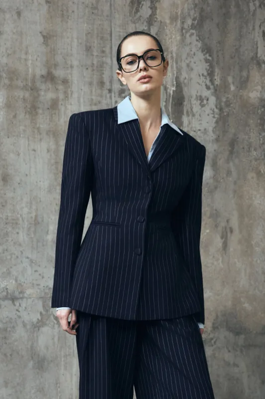 Bellamy Cinched Blazer - Navy Pinstripe sold by Meshki