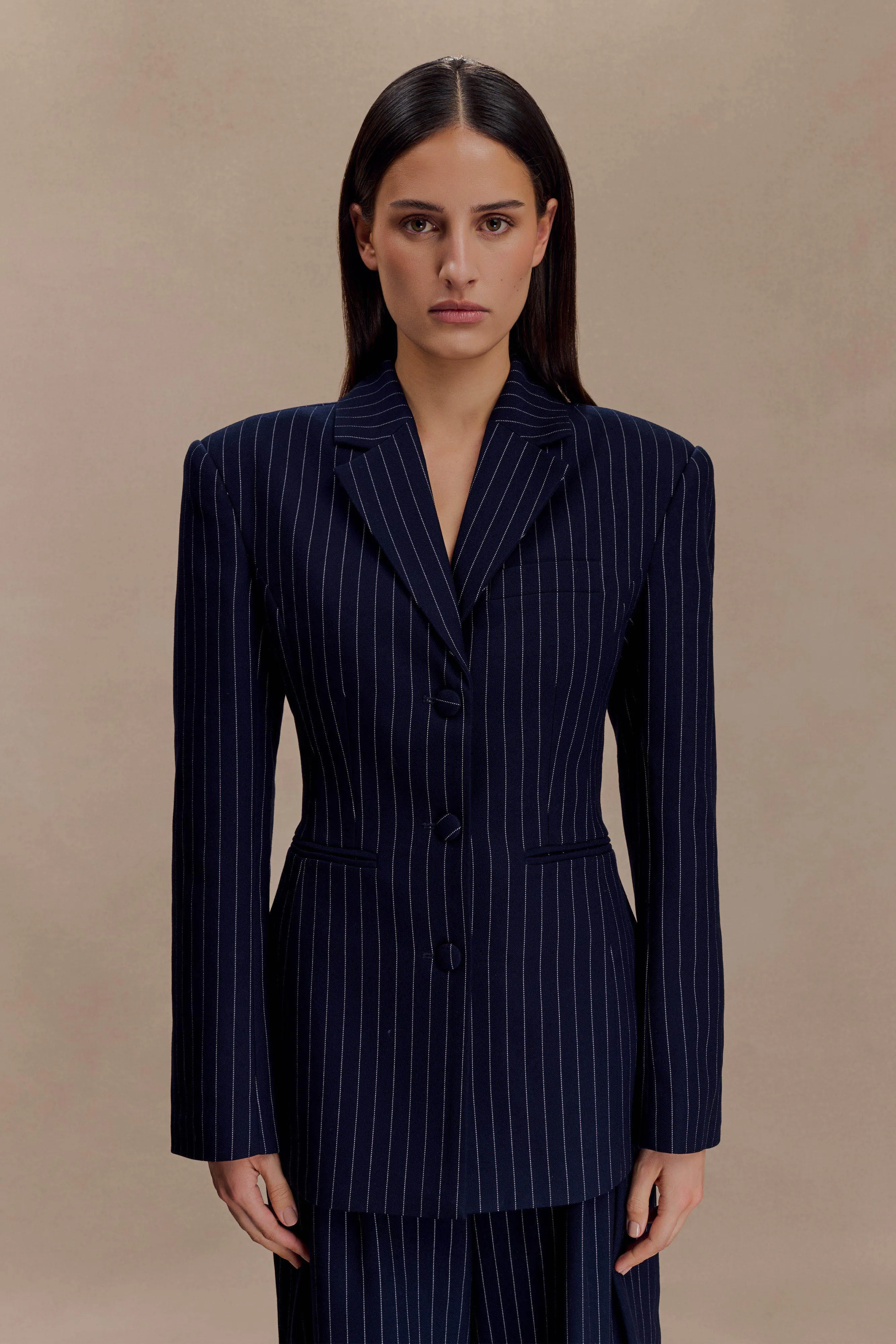 Bellamy Cinched Blazer - Navy Pinstripe sold by Meshki product image thumbnail 2