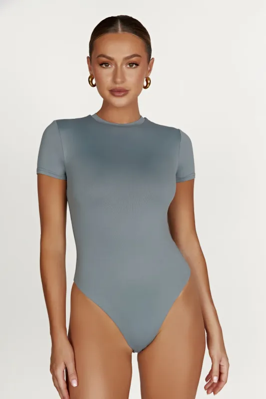 Francesca Recycled Nylon Crew Neck Short Sleeve Bodysuit - Light Charcoal sold by Meshki