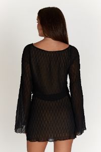 Ivy Wave Pleat Flare Sleeve Top - Black sold by Meshki