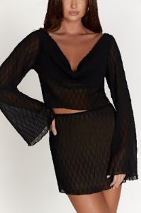 Ivy Wave Pleat Flare Sleeve Top - Black sold by Meshki