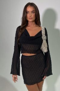 Ivy Wave Pleat Flare Sleeve Top - Black sold by Meshki