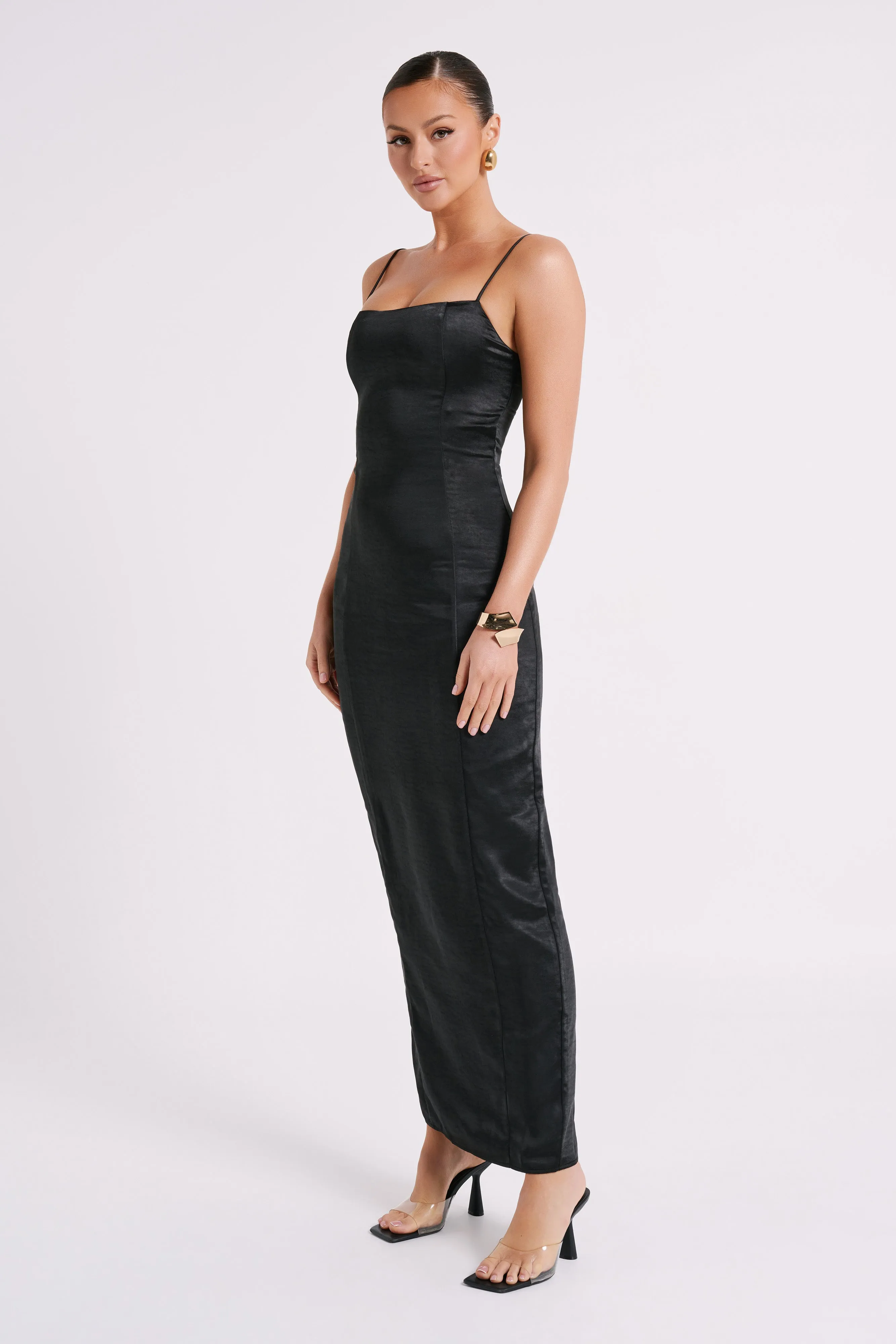 Chrisley Satin Maxi Dress With Split - Black sold by Meshki product image thumbnail 3
