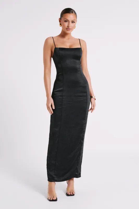 Chrisley Satin Maxi Dress With Split - Black made by Meshki
