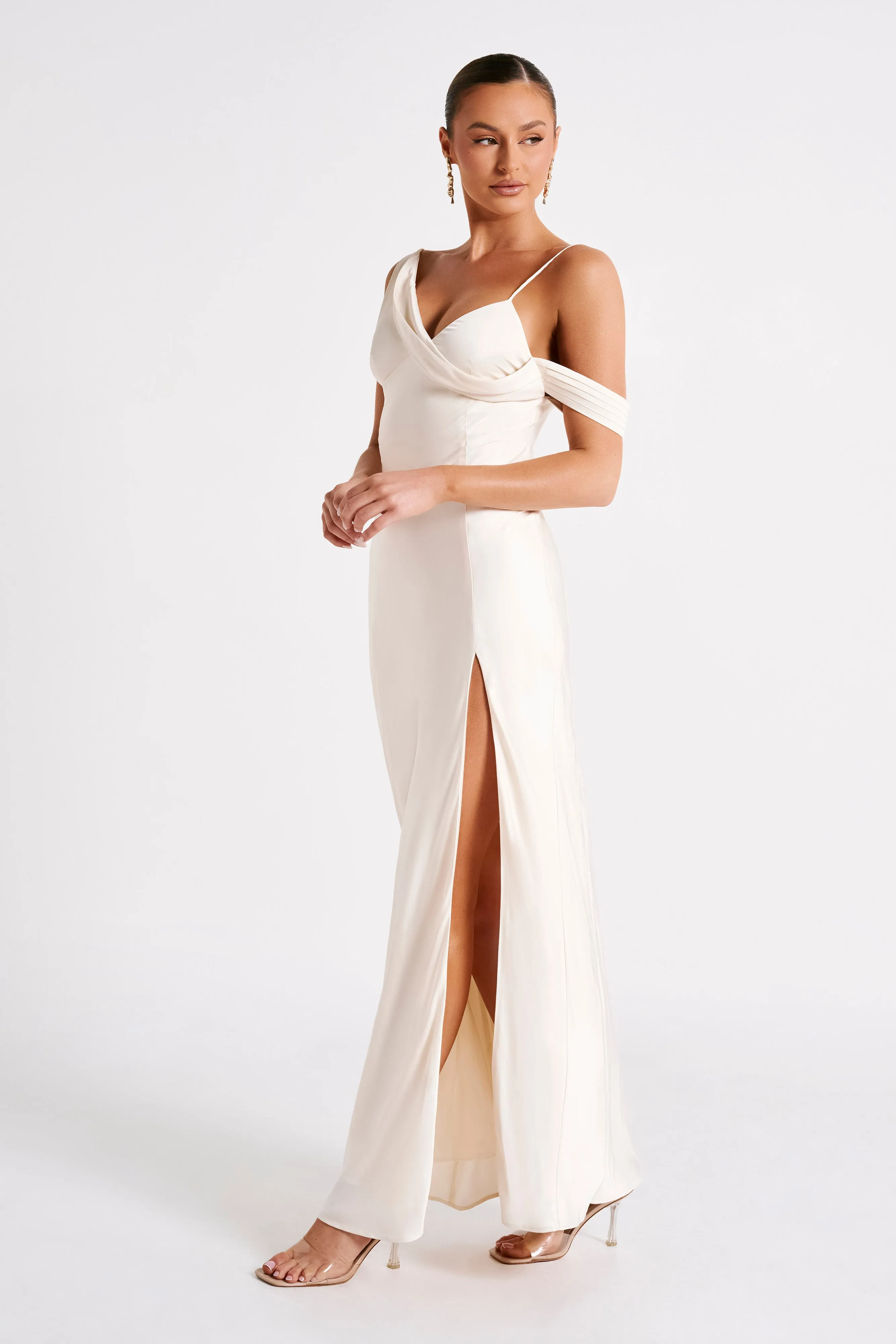 Soleil Satin Off Shoulder Maxi Dress - Ivory sold by Meshki product image thumbnail 4