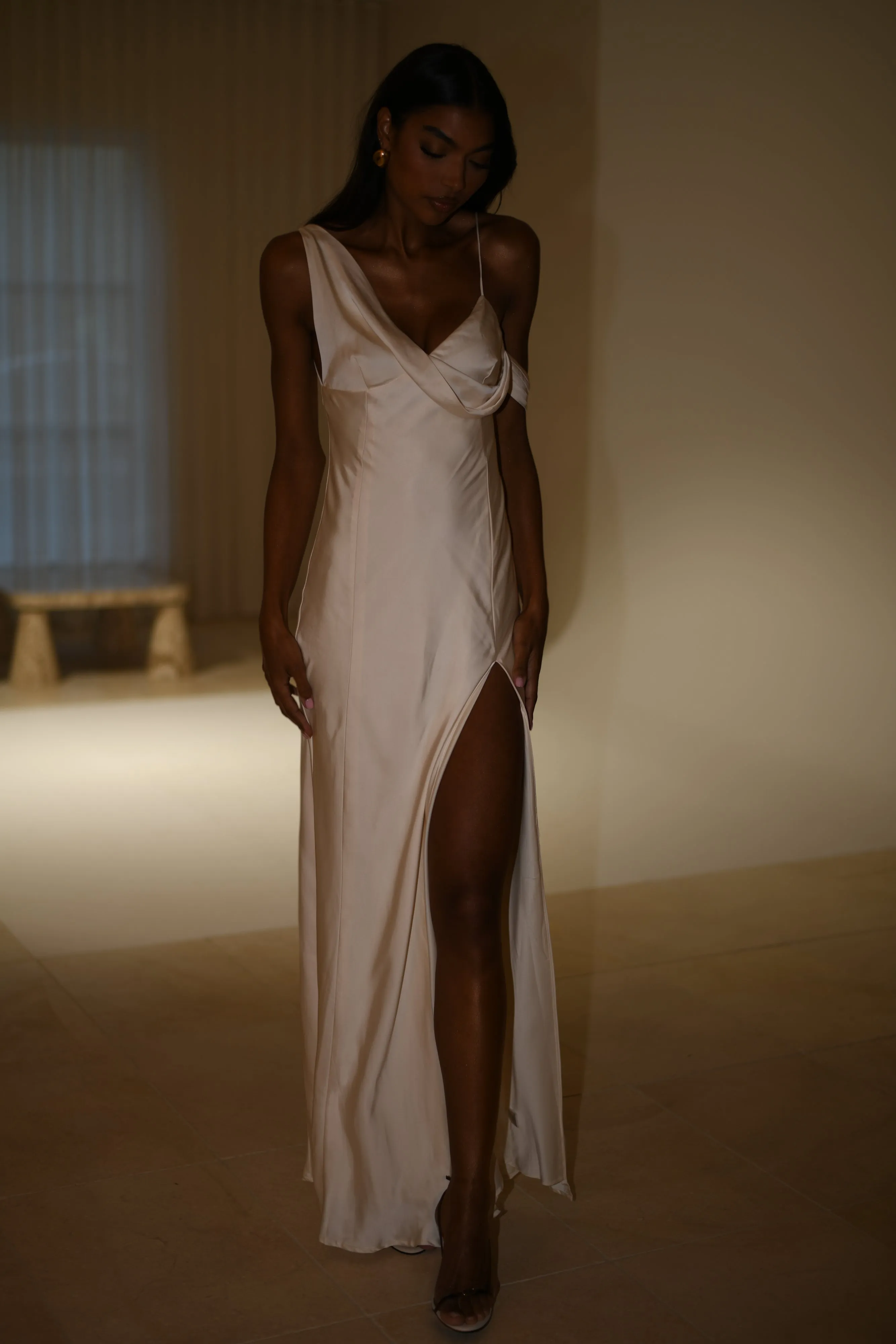 Soleil Satin Off Shoulder Maxi Dress - Ivory | Parallel