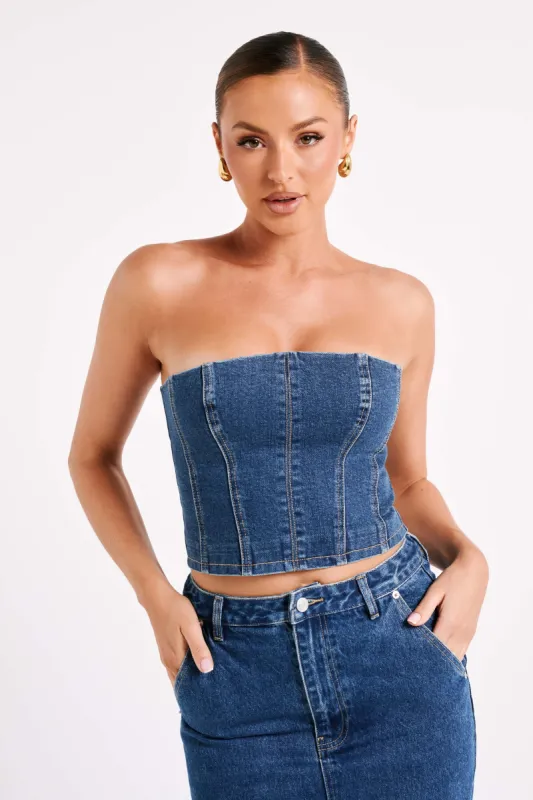 Jordana Denim Tube Top - Dark Blue sold by Meshki