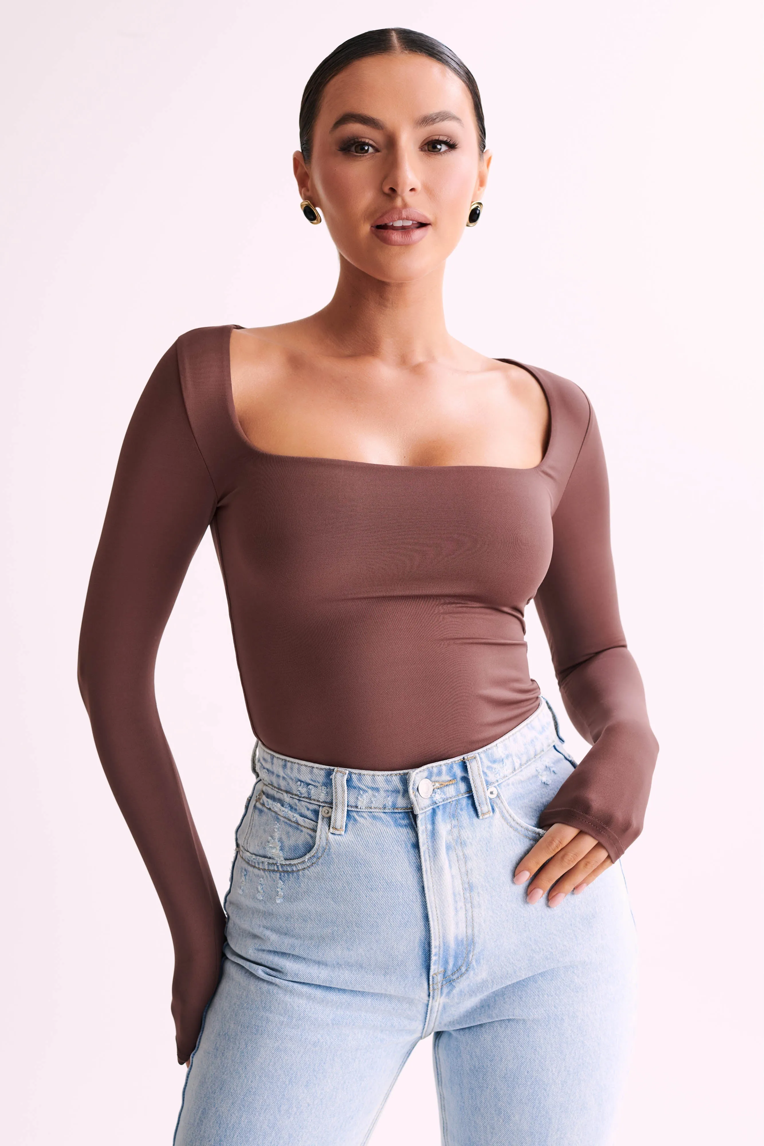 Bridget Recycled Nylon Long Sleeve Top - Mocha sold by Meshki