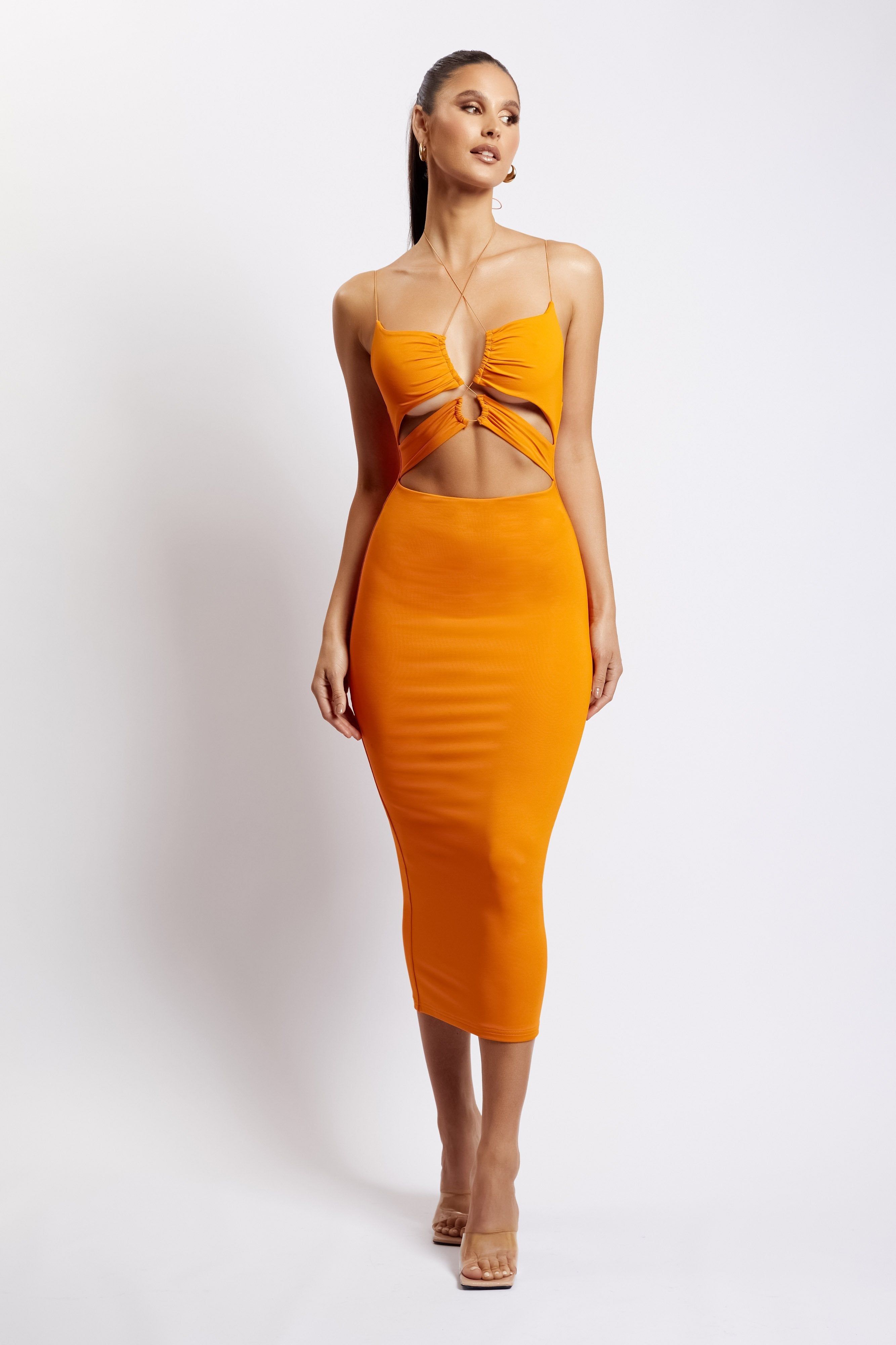 Indiana Ruched Cut Out Midi Dress - Mandarin sold by Meshki
