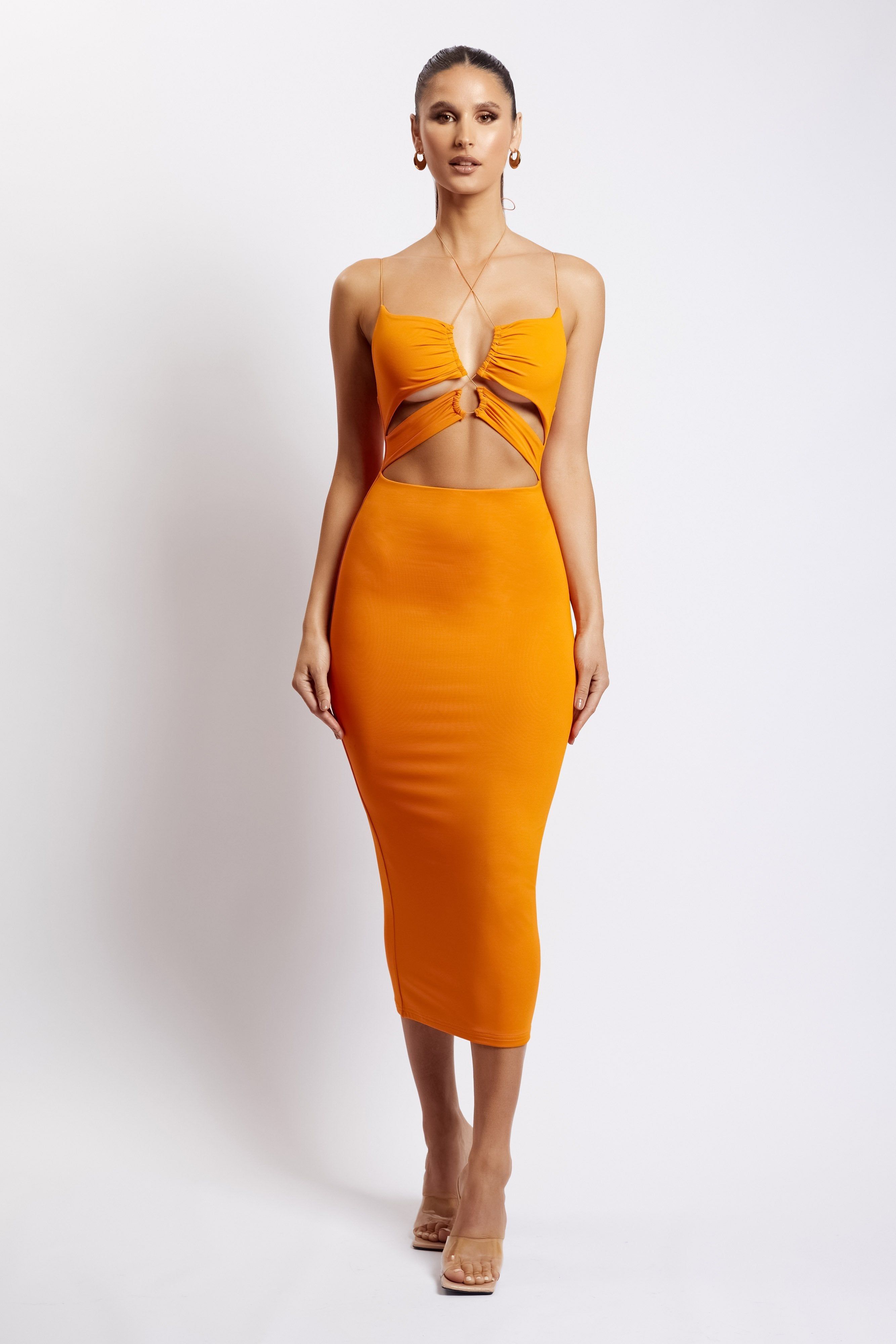 Indiana Ruched Cut Out Midi Dress - Mandarin sold by Meshki product image thumbnail 5