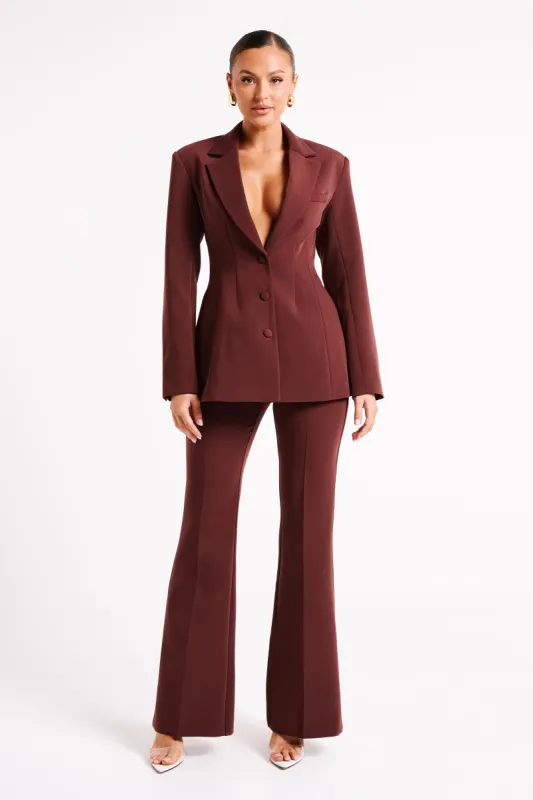 Loretta Fit & Flare Tailored Pant - Chocolate sold by Meshki