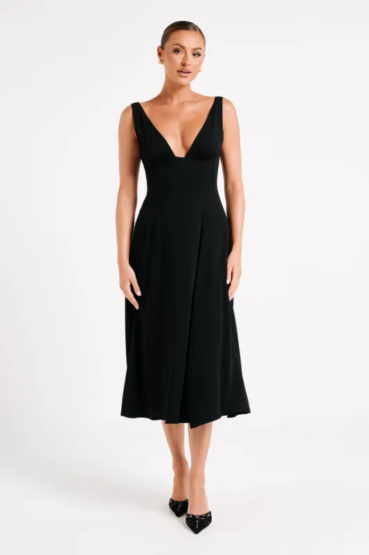 Soledad Gathered Midi Dress - Black made by Meshki
