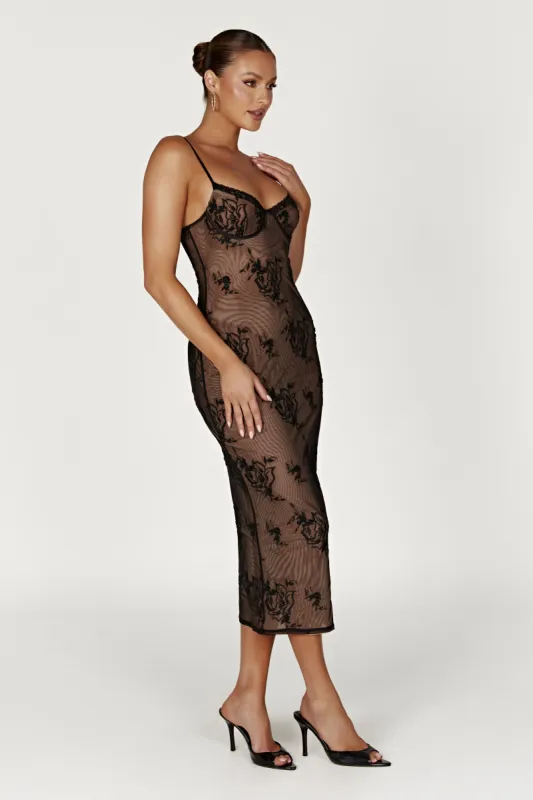 Venice Embroidered Mesh Midi Dress - Black sold by Meshki