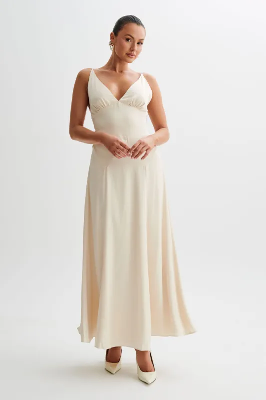 Kamala Low Back Satin Maxi Dress - Sand sold by Meshki