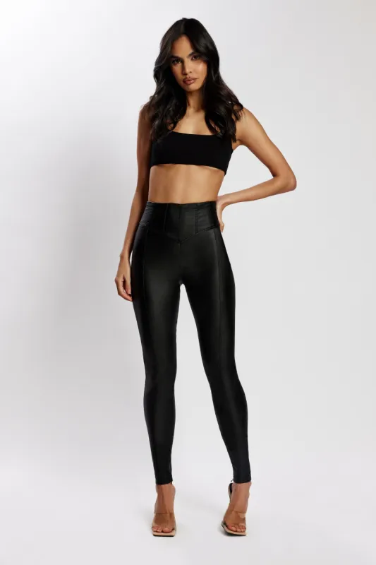 Zima Leatherette Corsetted High Waisted Pants - Black sold by Meshki