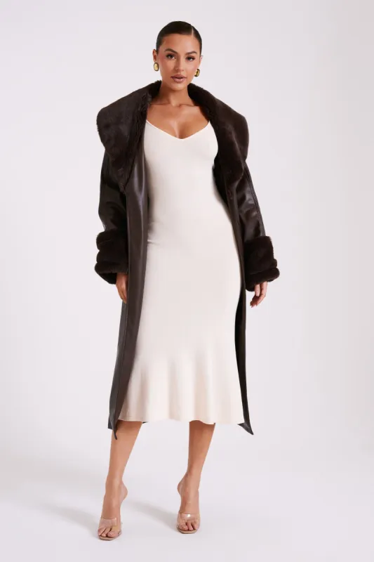 Rebekah Pu Trench Coat With Fur Trim - Dark Brown sold by Meshki
