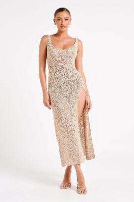 Vittoria Boucle Maxi Dress With Split - Wheat sold by Meshki