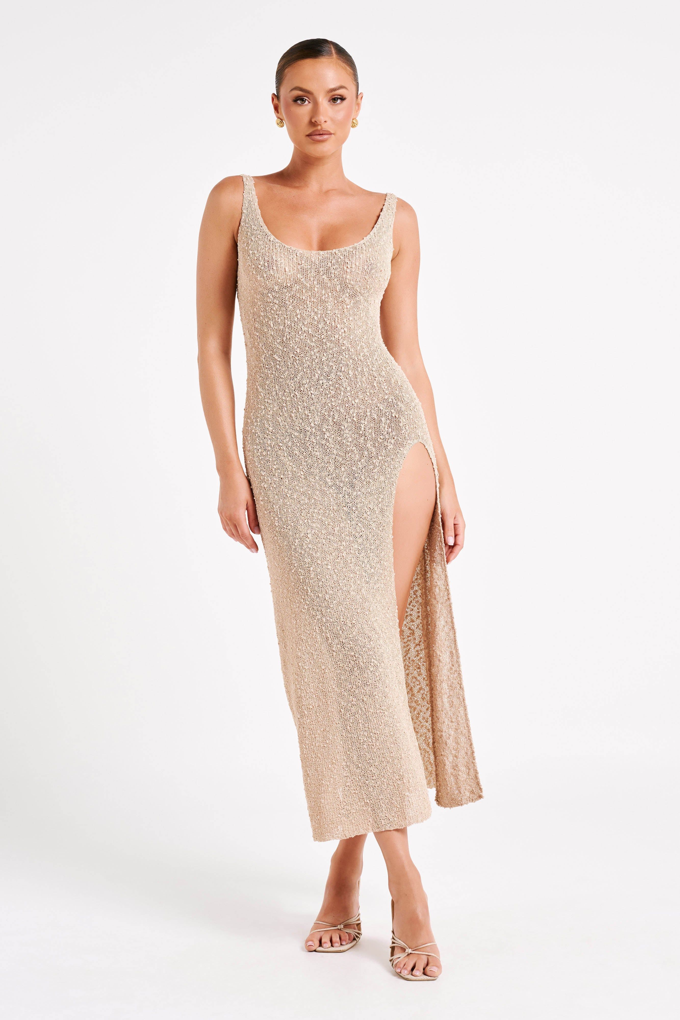 Vittoria Boucle Maxi Dress With Split - Wheat sold by Meshki