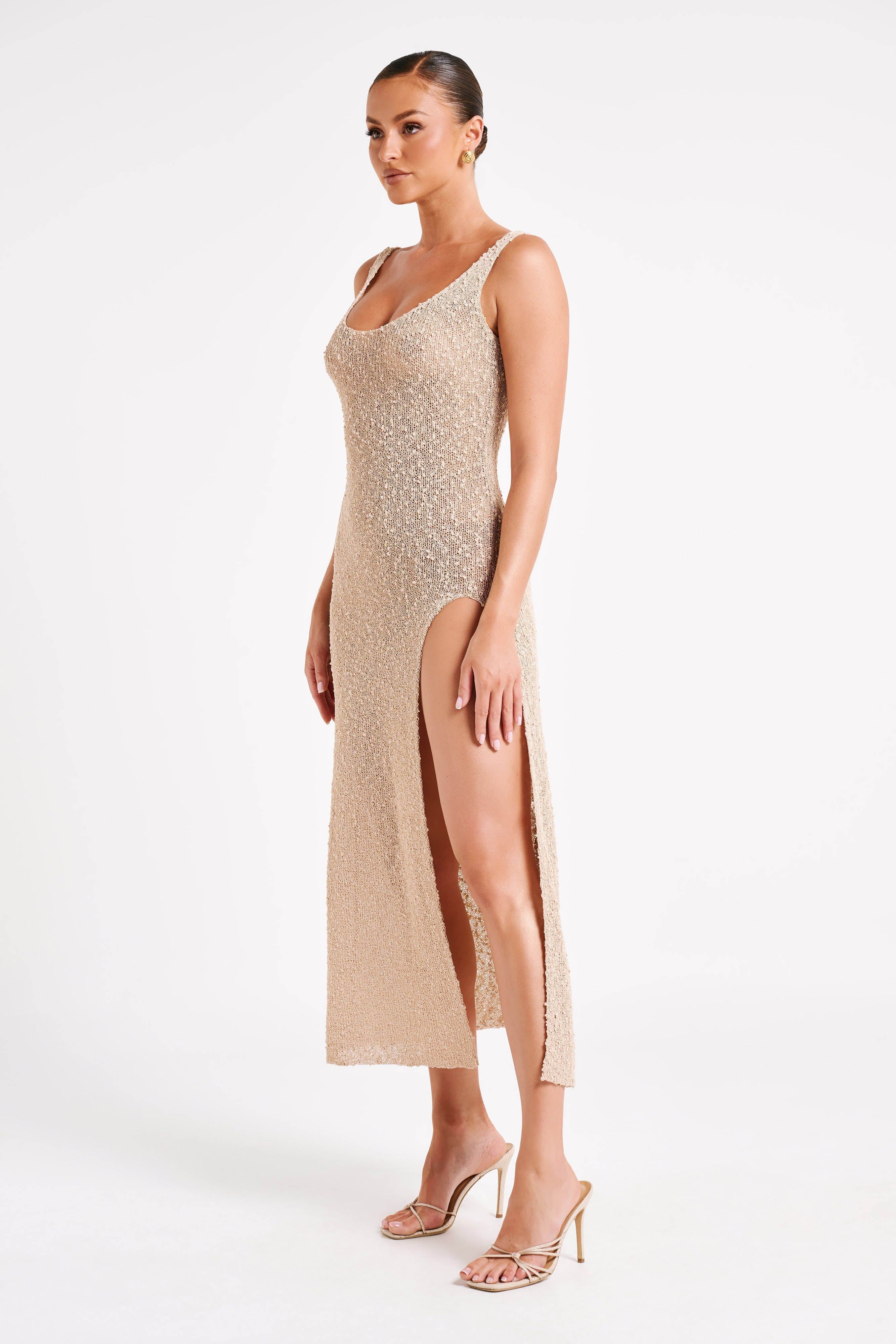 Vittoria Boucle Maxi Dress With Split - Wheat sold by Meshki product image thumbnail 5