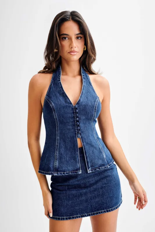 India Button Front Halter Denim Longline Top - Dark Blue sold by Meshki