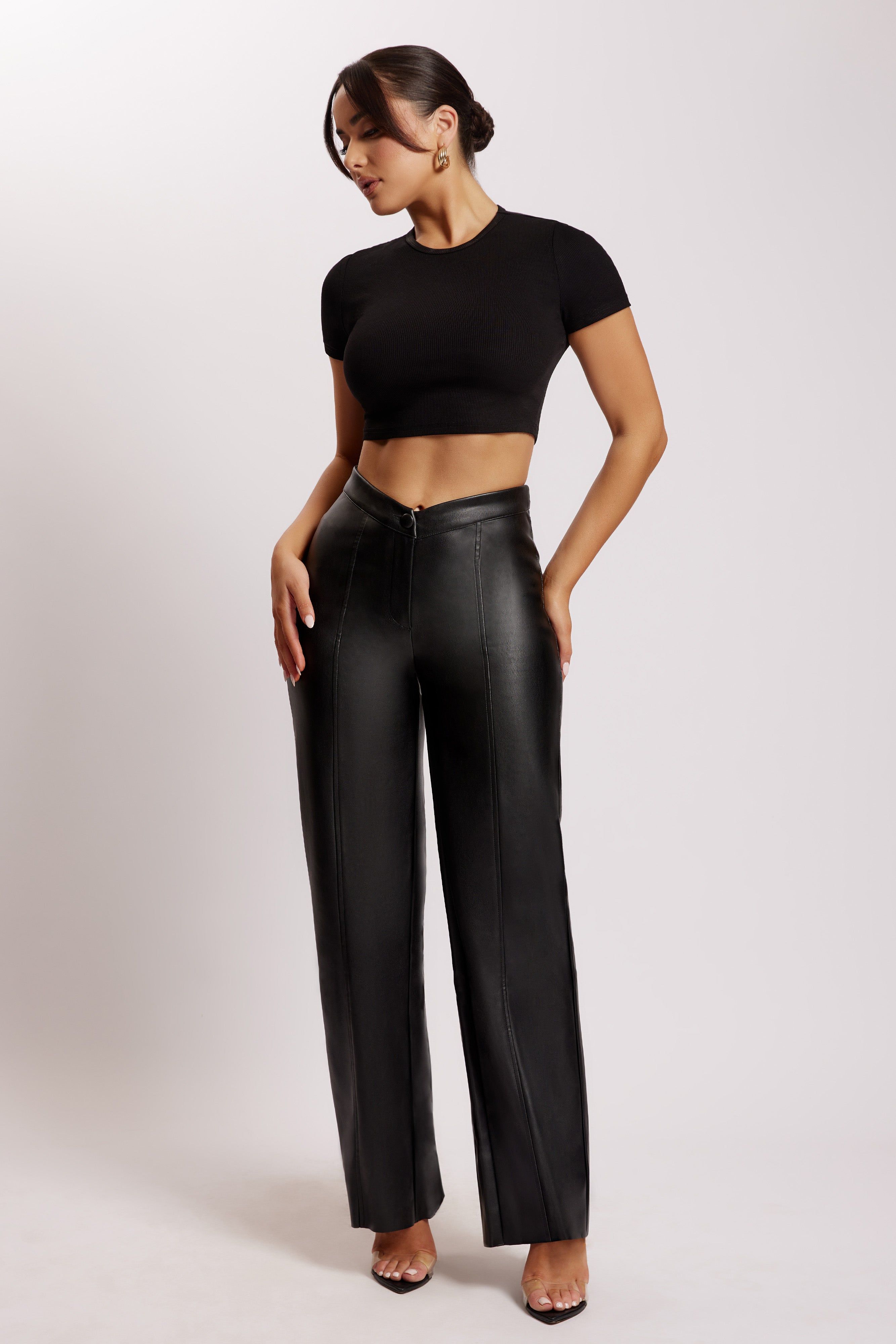 Kamora Faux Leather Wide Leg Pants - Black sold by Meshki