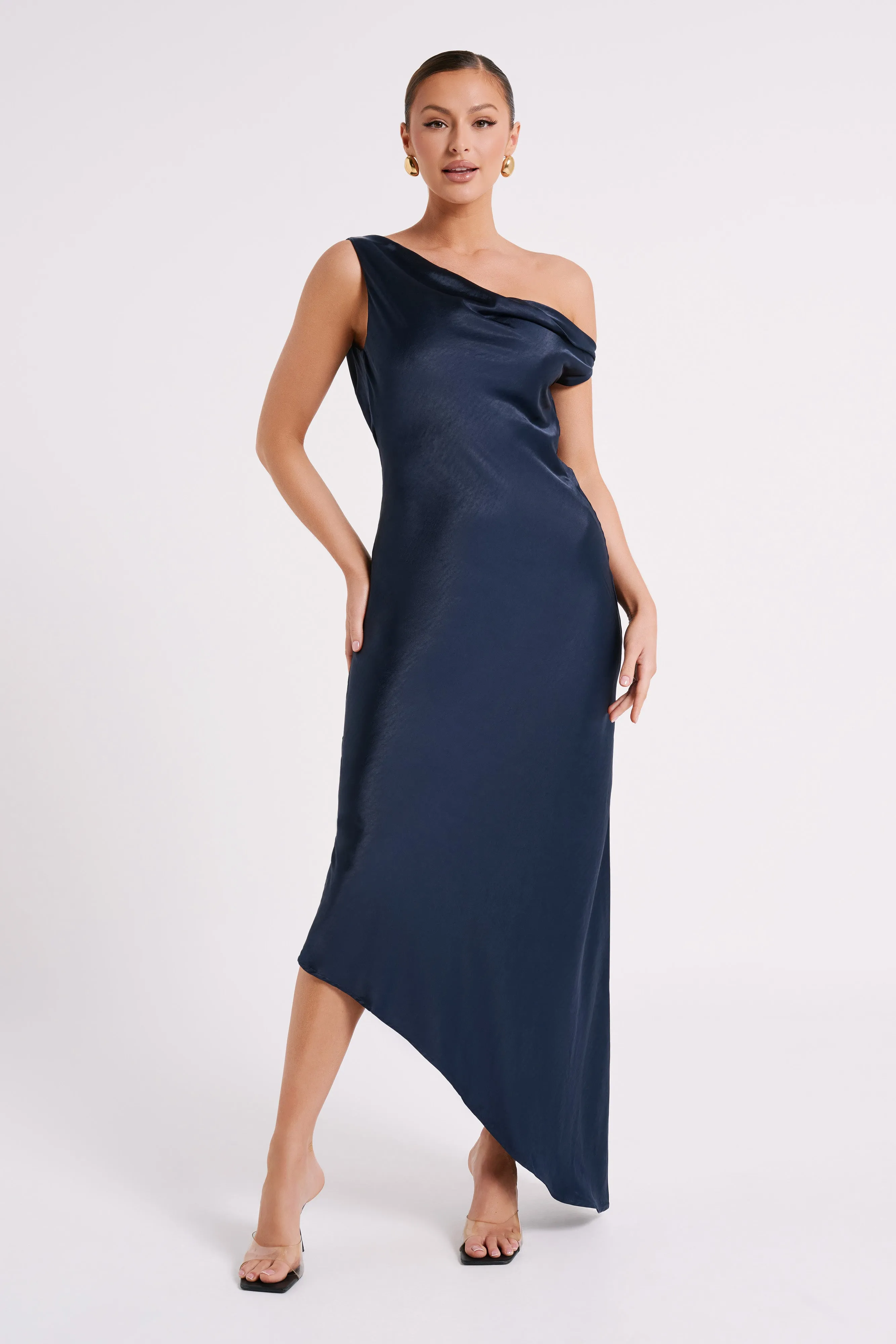 Yvette Slip Maxi Dress With Asymmetrical Hem - Navy sold by Meshki