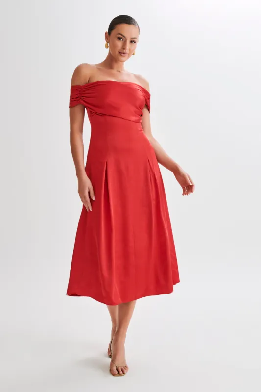 Sofie Off Shoulder Midi Dress - Red sold by Meshki