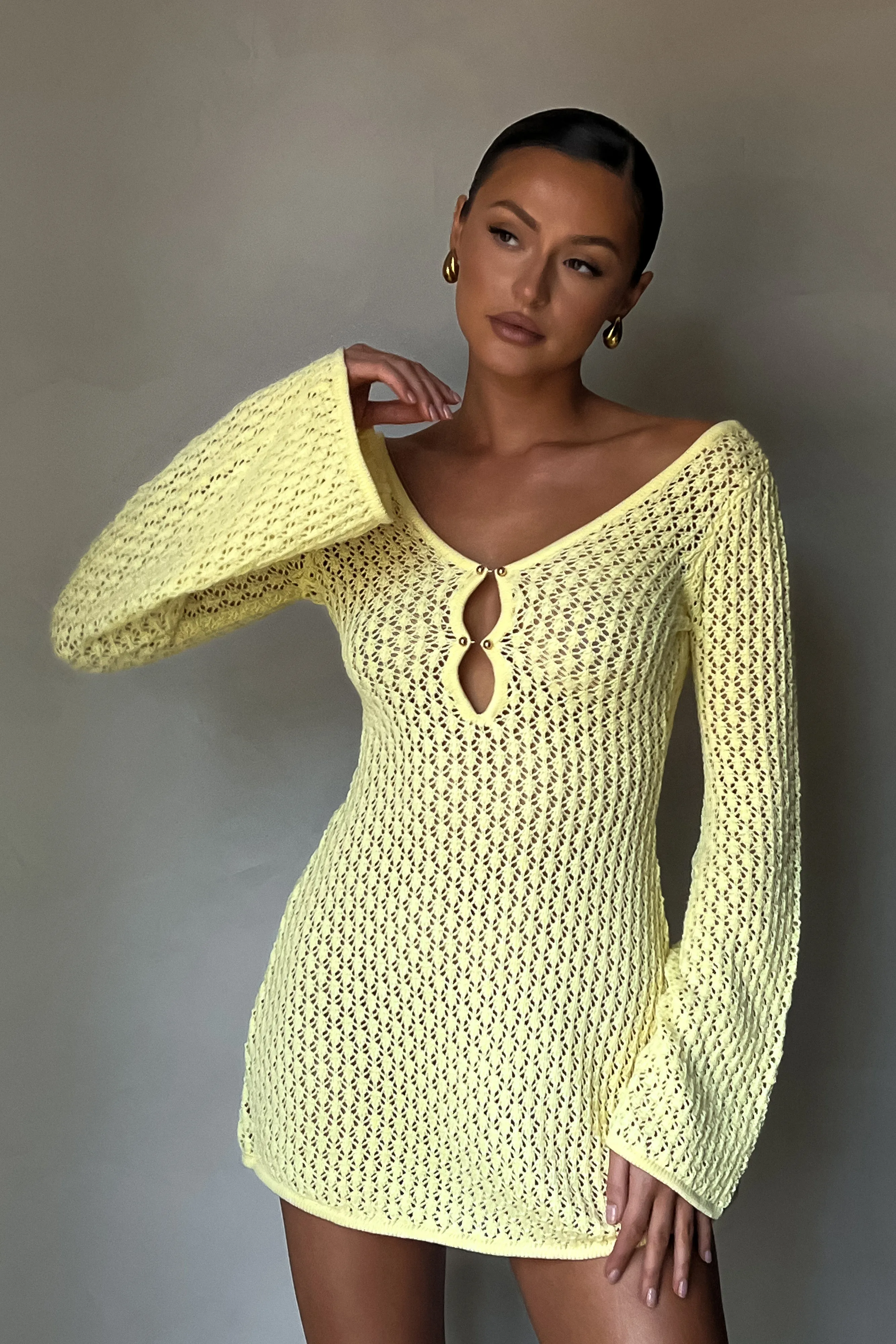 Kayleigh Crochet Knit Mini Dress - Lemon sold by Meshki