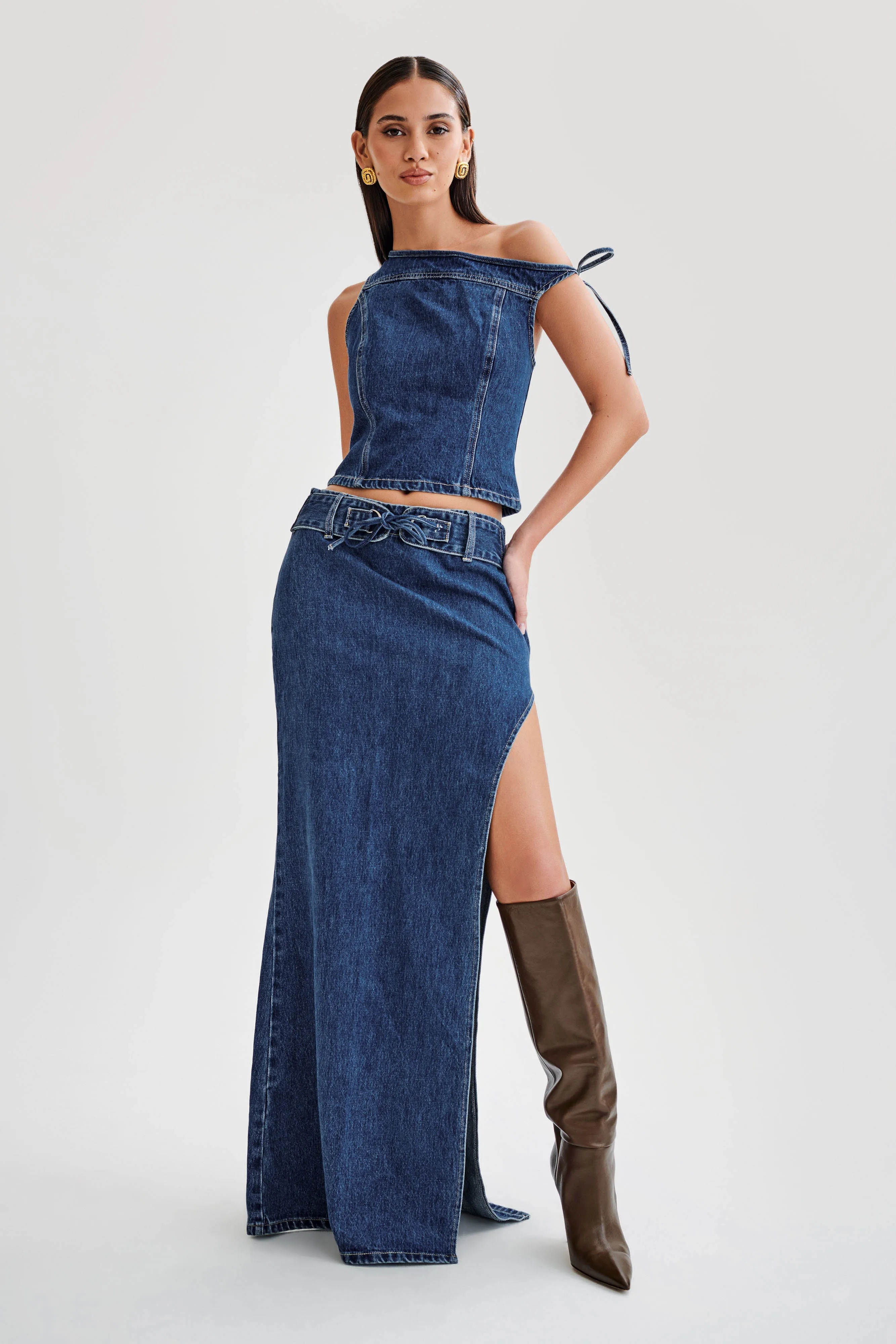 Ramsey Denim Maxi Skirt With Split - Dark Blue sold by Meshki