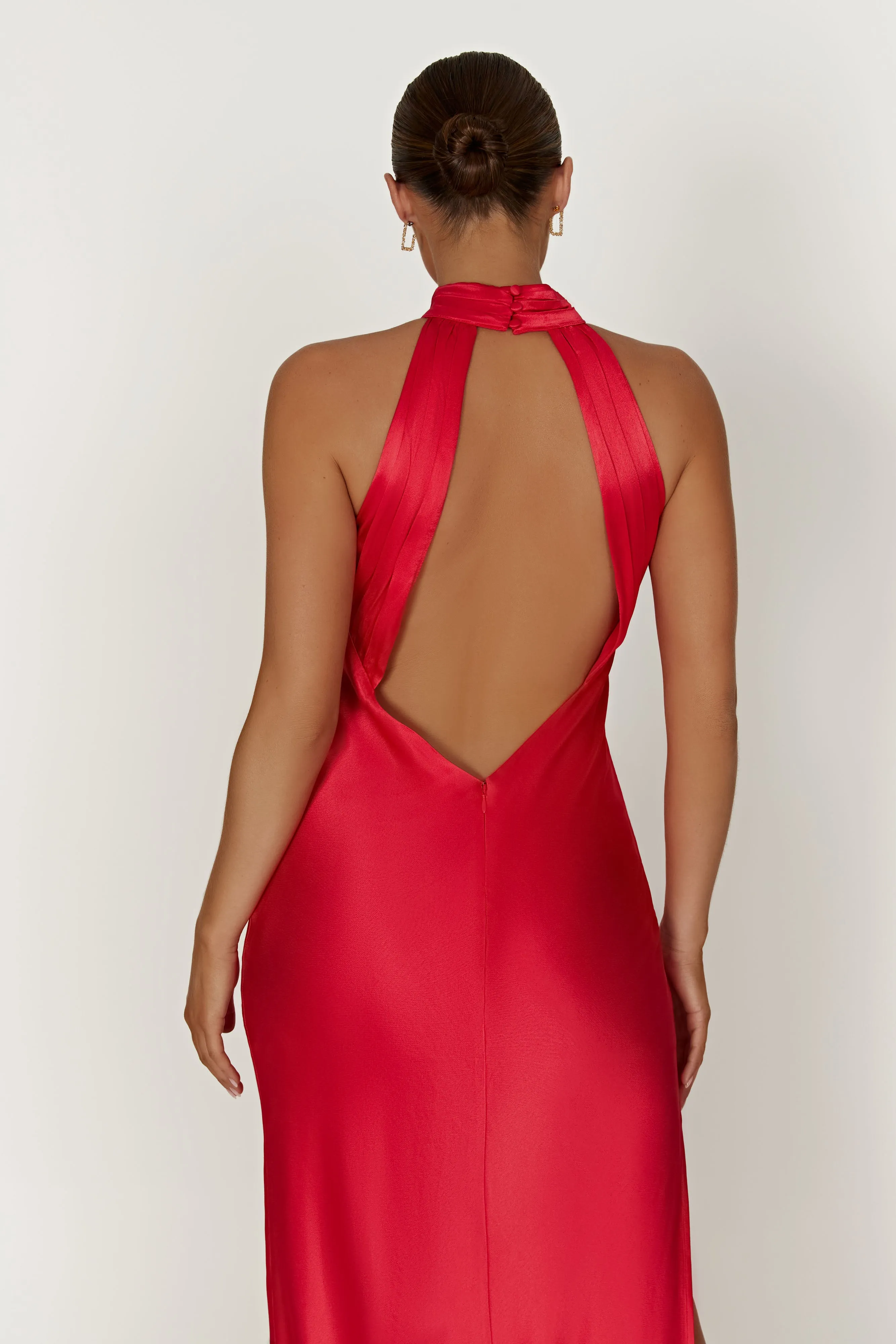 Claire Satin Drape Back Maxi Dress with Split - Red sold by Meshki product image thumbnail 5