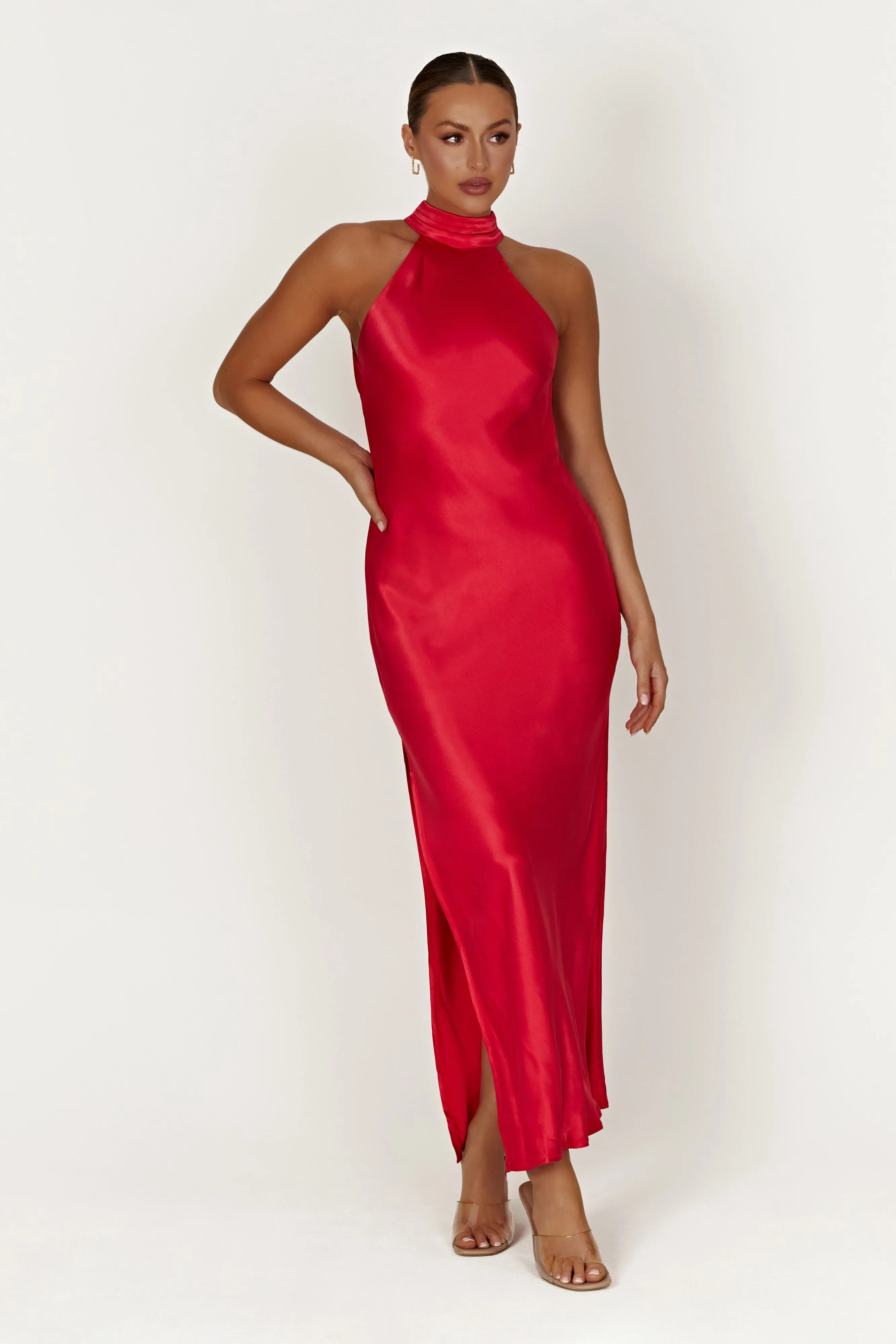 Claire Satin Drape Back Maxi Dress with Split - Red sold by Meshki product image thumbnail 2