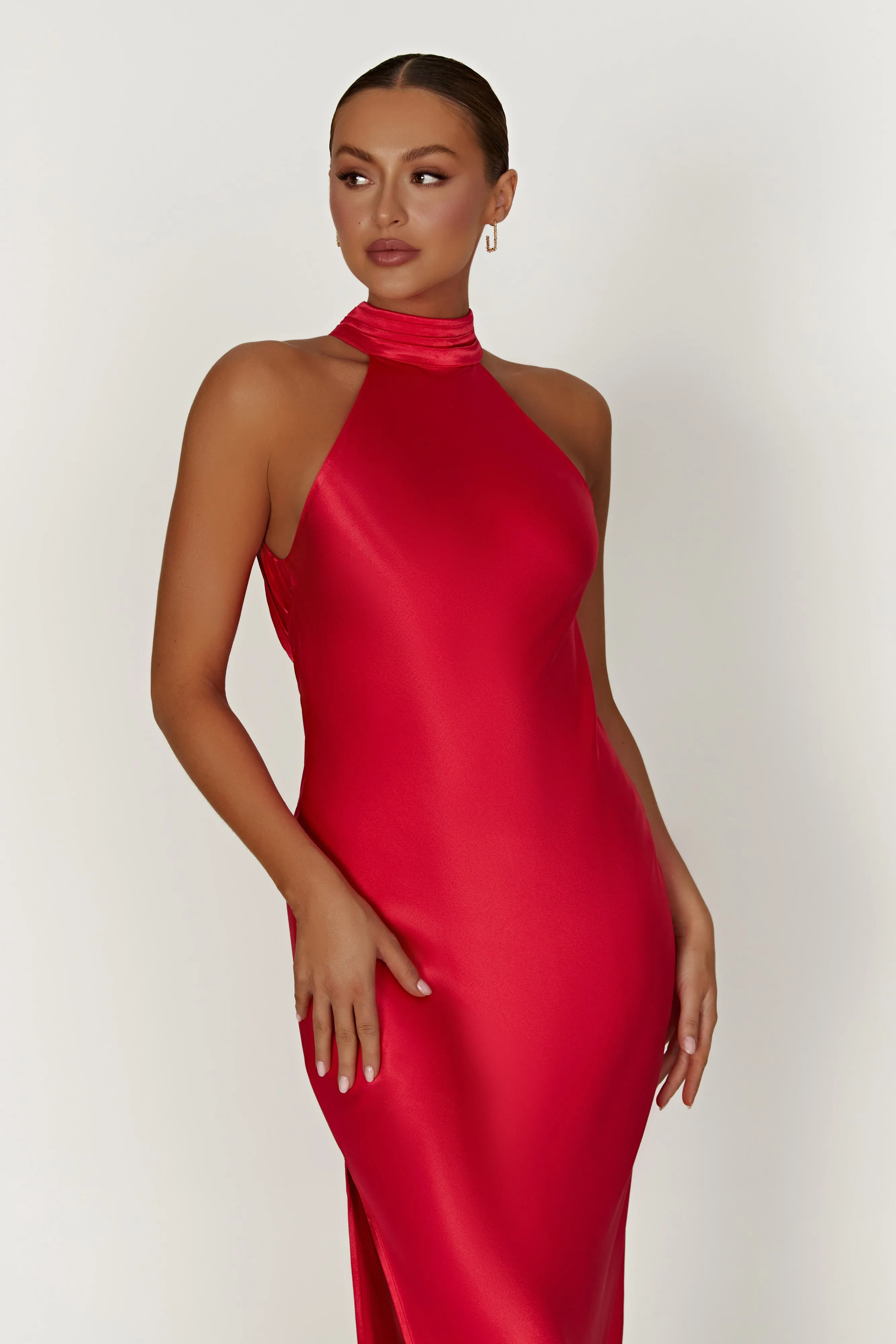 Claire Satin Drape Back Maxi Dress with Split - Red sold by Meshki product image thumbnail 3