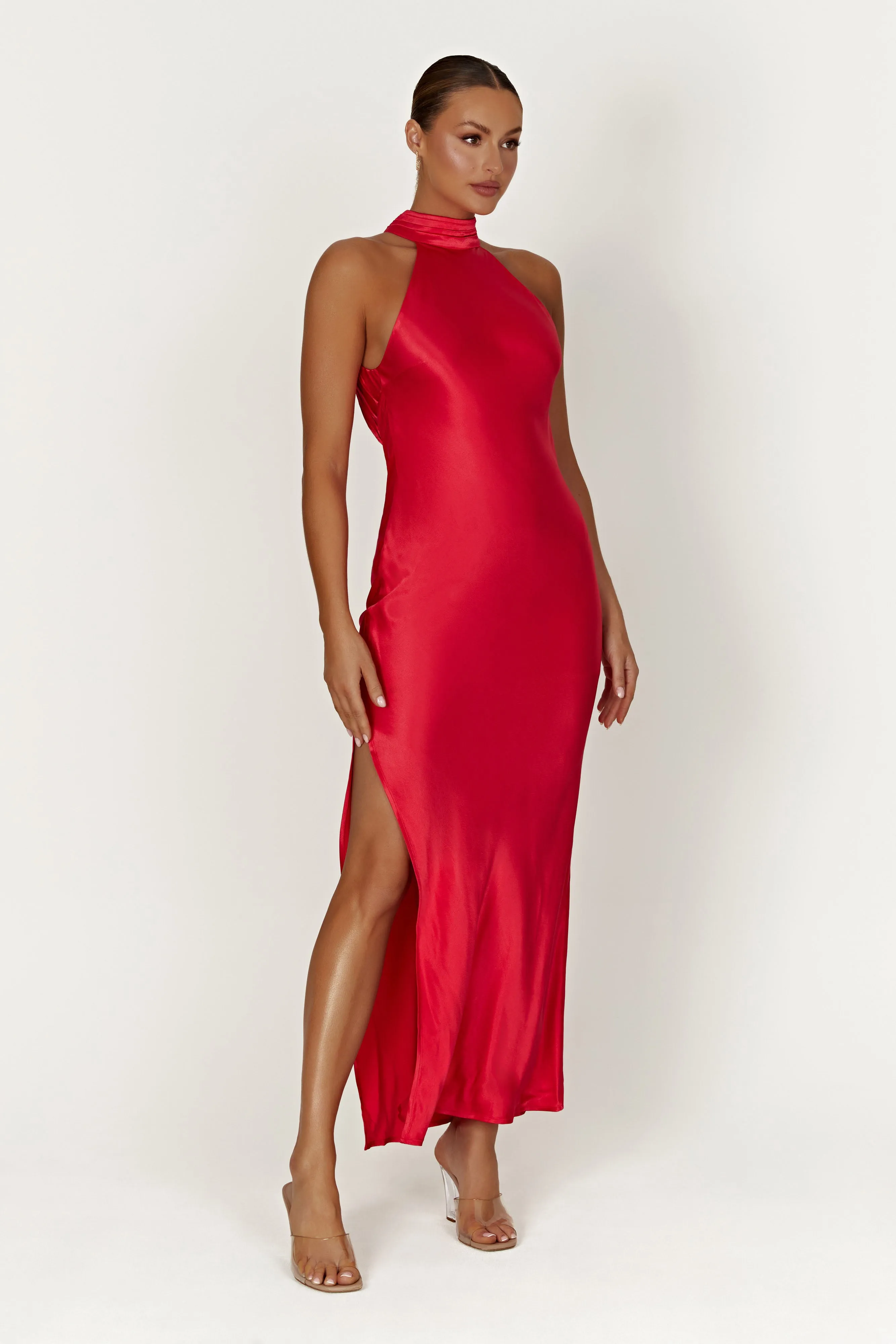 Claire Satin Drape Back Maxi Dress with Split - Red sold by Meshki product image thumbnail 4