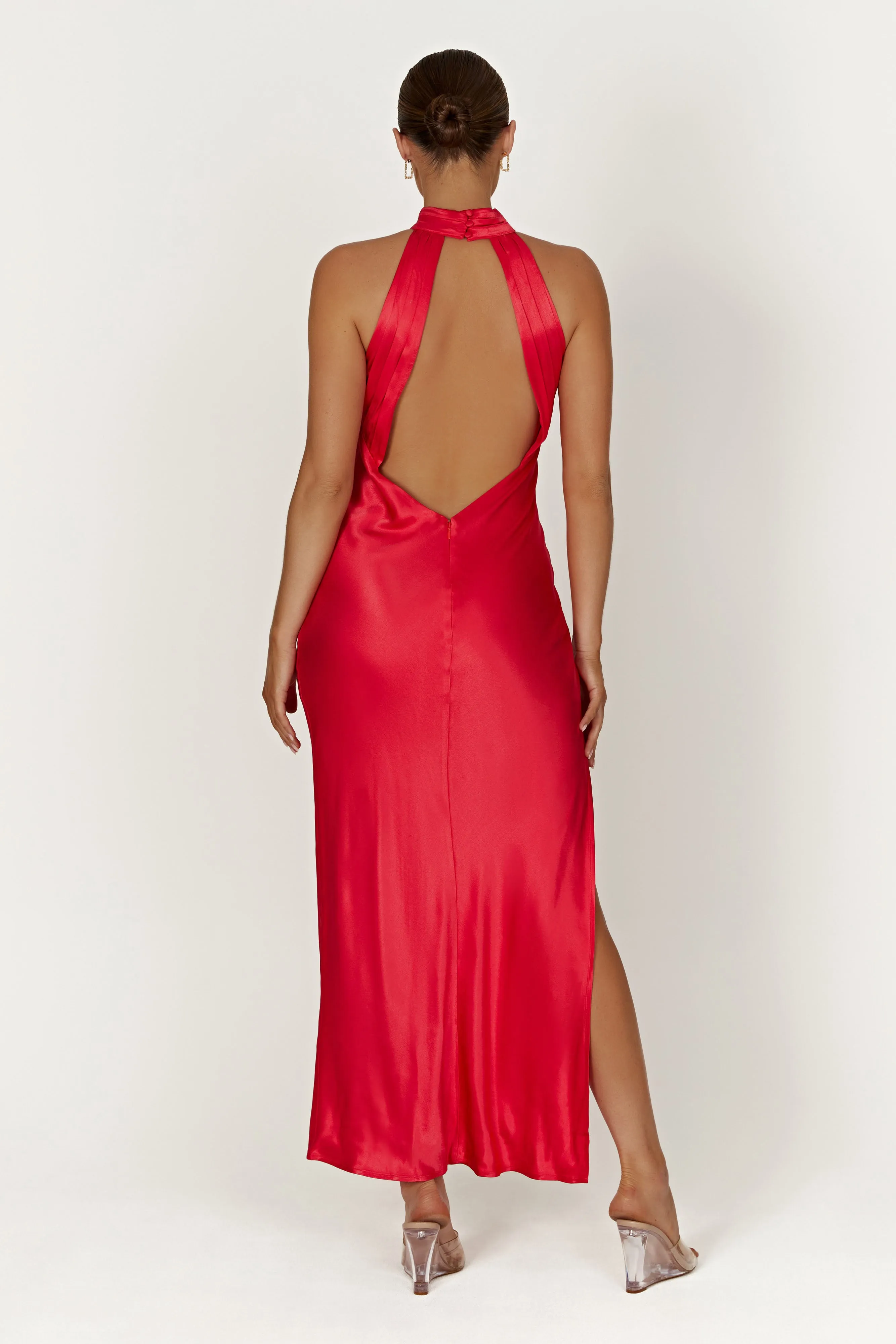 Claire Satin Drape Back Maxi Dress with Split - Red sold by Meshki