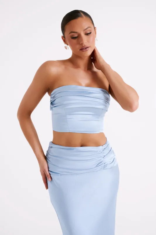 Khalani Ruched Strapless Satin Top - Ice Blue sold by Meshki