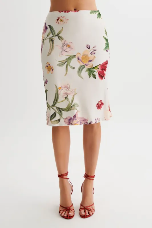 Allegra Satin Knee Length Skirt - Bella Rosa Print sold by Meshki
