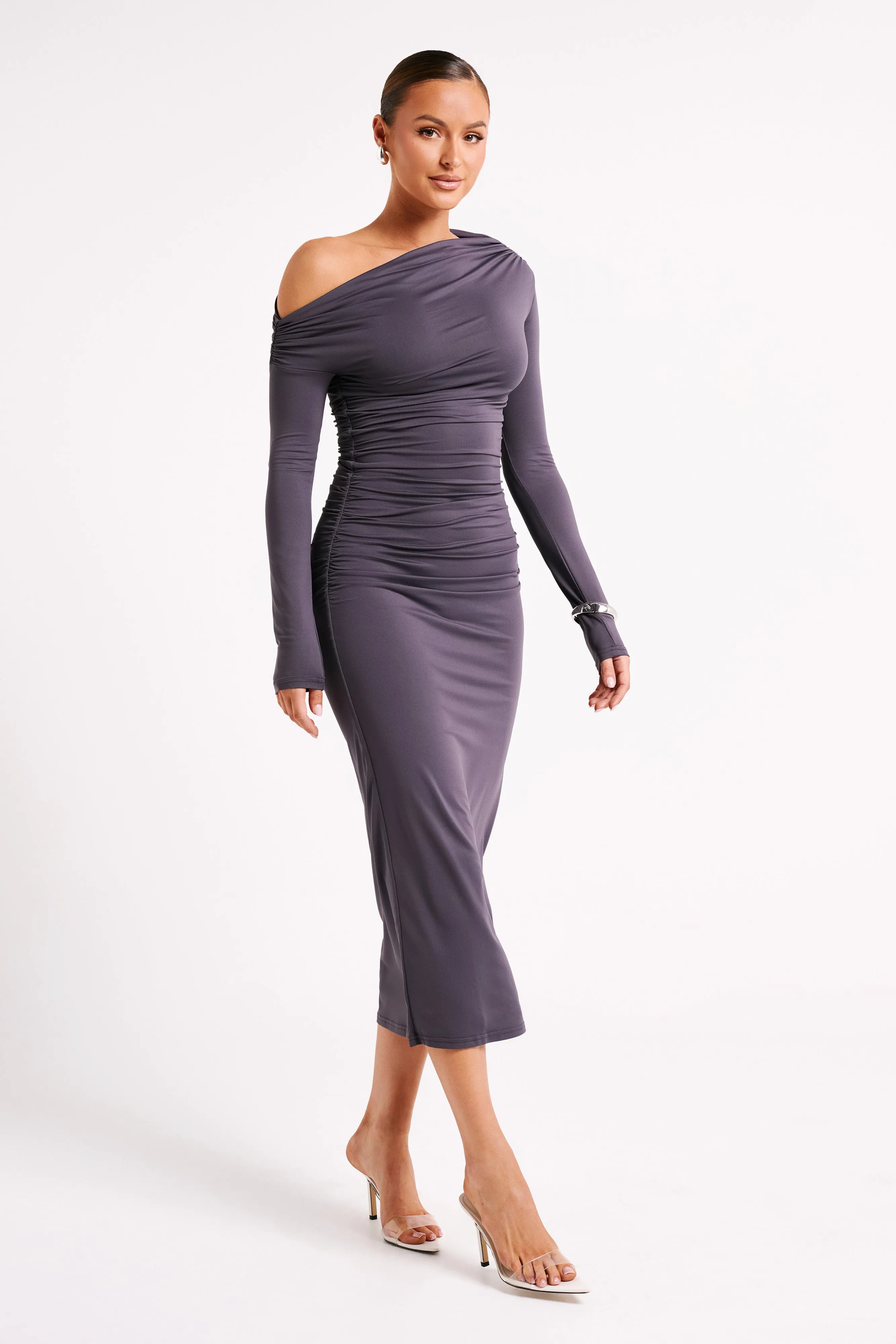 Christabel Recycled Nylon Ruched Midi Dress - Charcoal sold by Meshki product image thumbnail 4