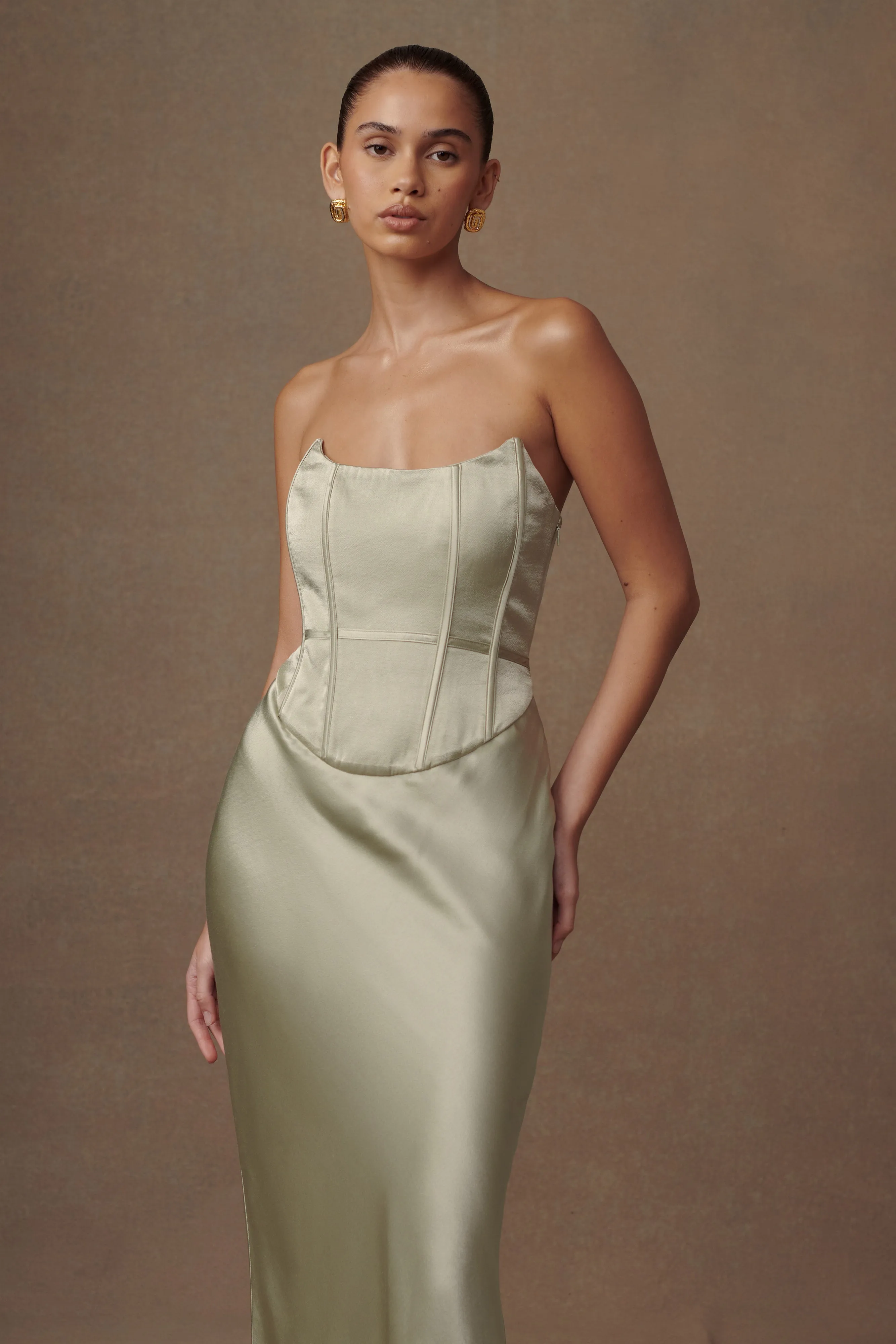 Harlow Satin Strapless Maxi Dress - Sage sold by Meshki product image thumbnail 3