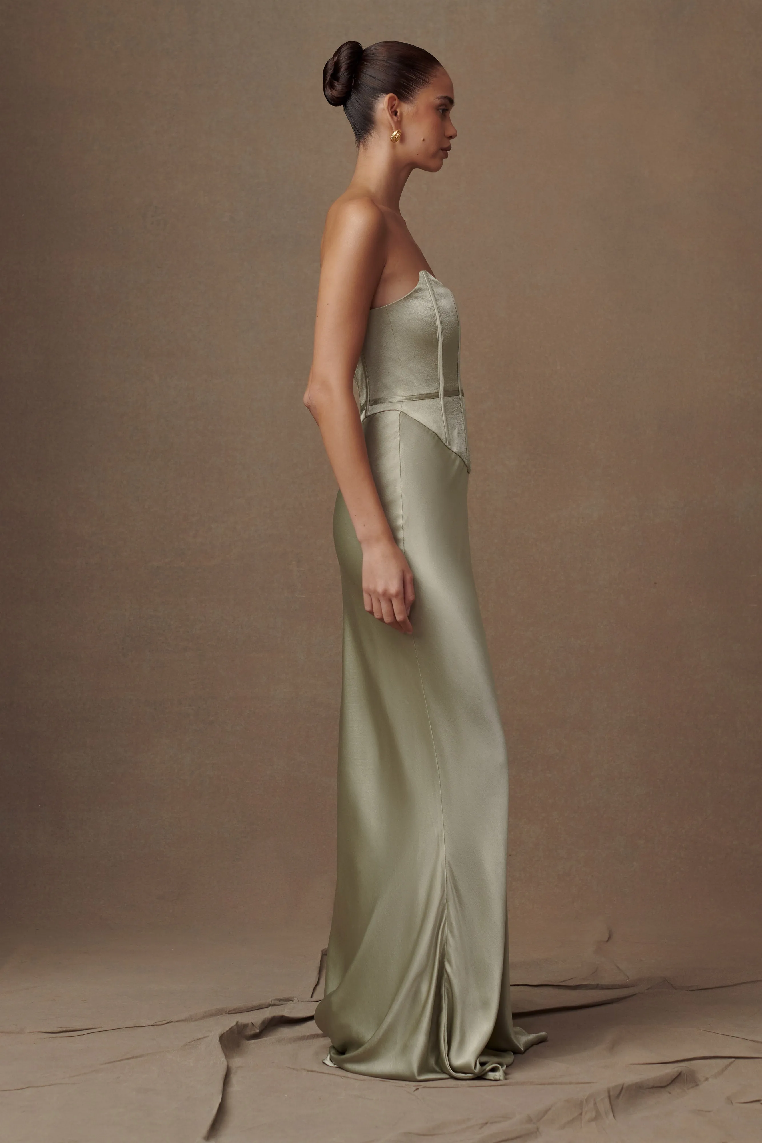 Harlow Satin Strapless Maxi Dress - Sage sold by Meshki product image thumbnail 4