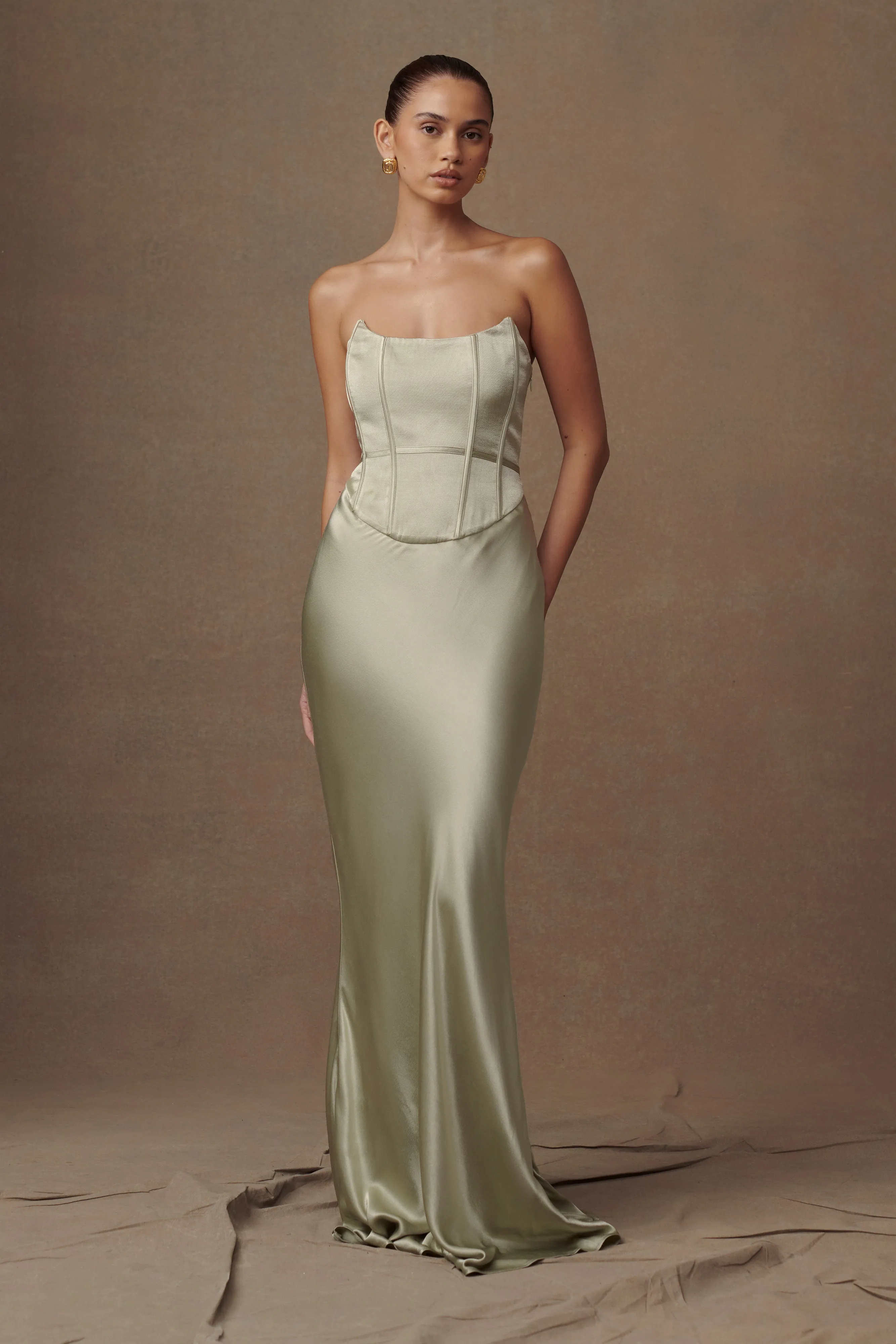 Harlow Satin Strapless Maxi Dress - Sage sold by Meshki