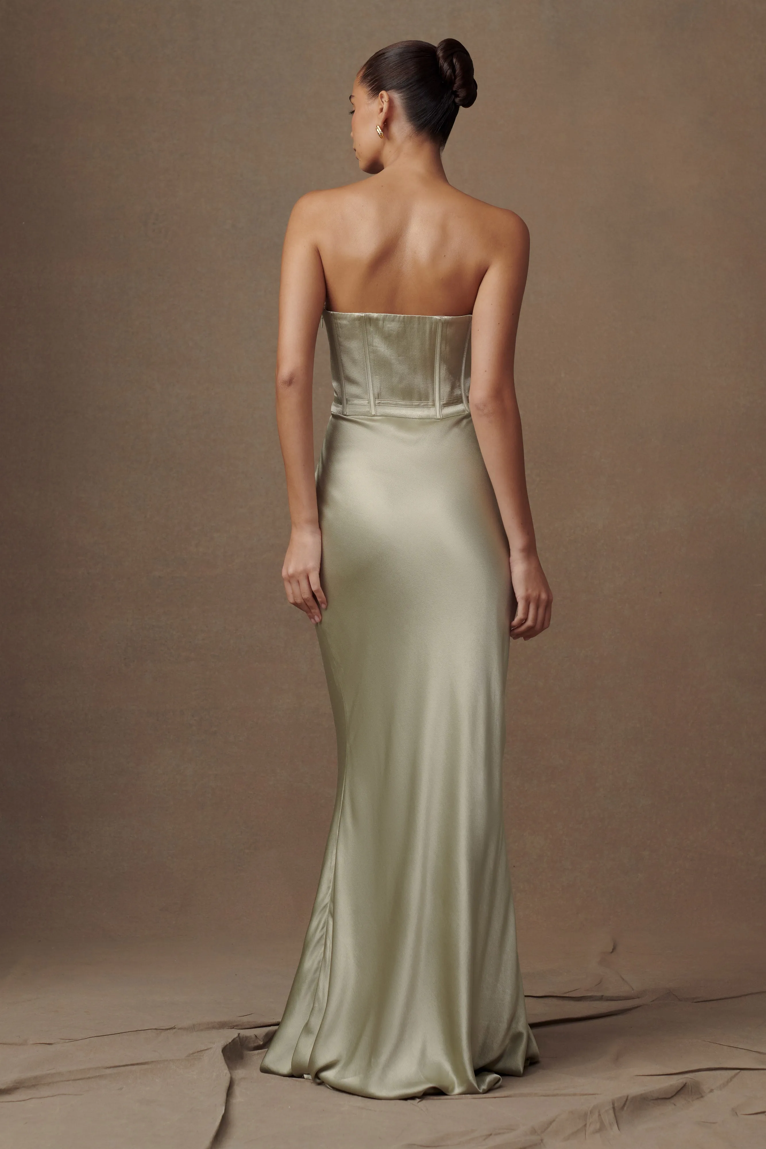 Harlow Satin Strapless Maxi Dress - Sage sold by Meshki product image thumbnail 2