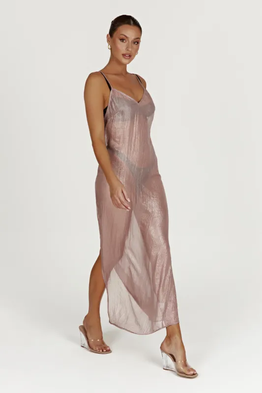 Phoebe Sheer Iridescent Maxi Dress - Taupe sold by Meshki