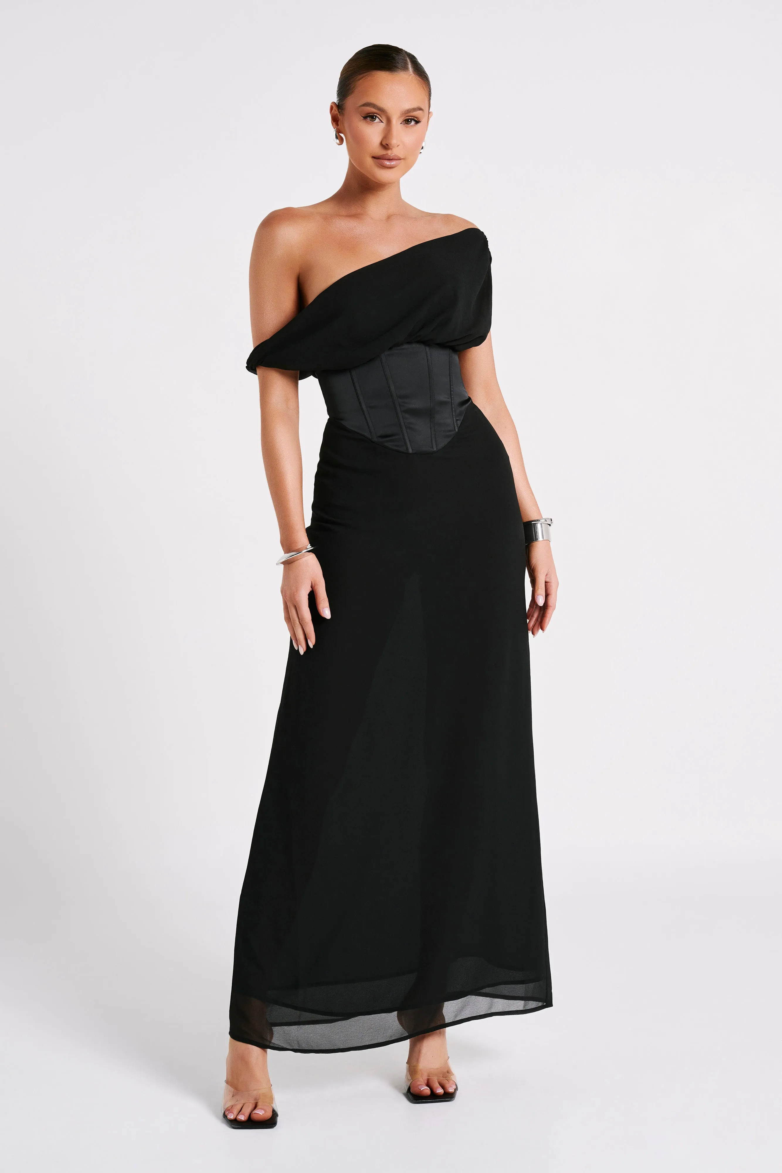 Courtney Chiffon Maxi Dress - Black sold by Meshki